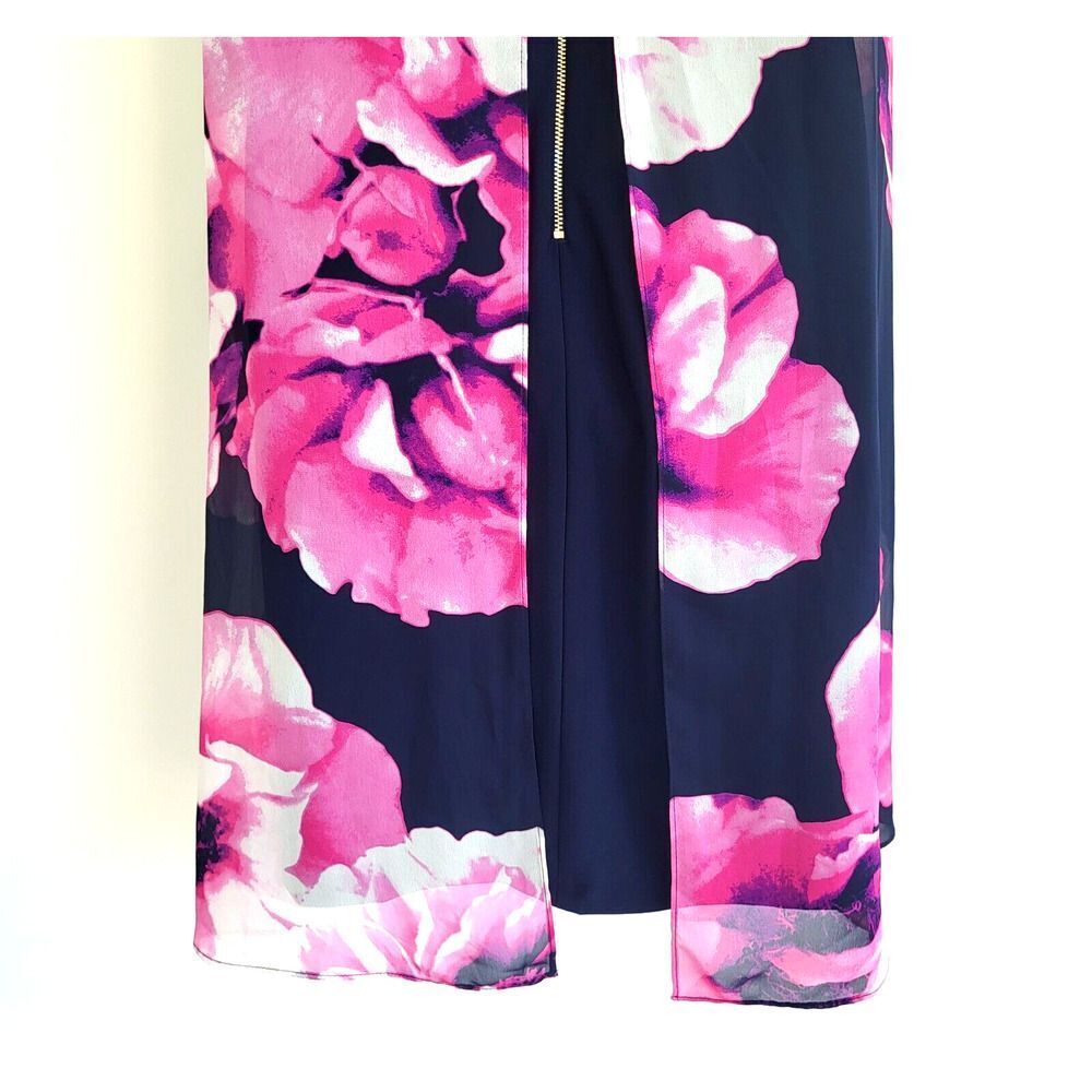 Eliza J Size 12 Multi-Colored Floral Chiffon Overlay Dress Back Zip Black Pink - Picture 10 of 15